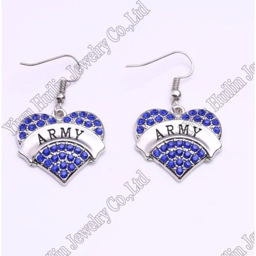 ARMY Earrings Crystal Adorned Heart Shaped Pendant French Hook Earrings Commemoration Day Jewelry