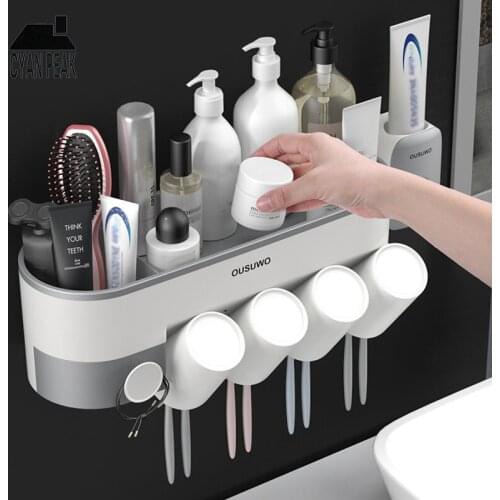 Automatic Toothbrush Holder With Cups Toothpaste Dispenser Toothpaste Squeezer Wall Mount Storage Rack Bathroom Accessories Set