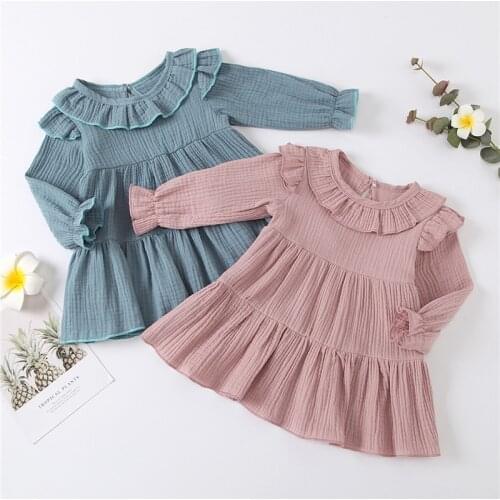 Blotona Toddler Baby Girl Spring Fall Dress, Casual Long Sleeve Round Neck Solid Color Ruffle A-Line Loose Dress 1-4Y