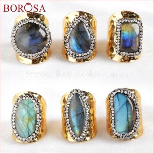 BOROSA Free shipping new Labradorite Cuff pendant Ring pave with cz edeged Fashion druzy Stone bang ring Gold Color JAB129