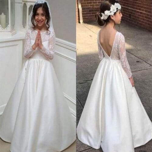 Flower Girl Dresses Sheer Neck Illusion Long Sleeves Lace Tulle High Quality Kids Formal Gowns with Bow Wedding