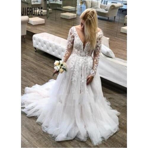 JIERUIZE Elegant Wedding Dresses V Neck Sheer Long Sleeve Lace Appliques Backless Beach Bridal Gown vestito da sposa