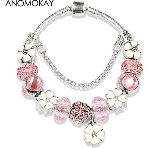 European & American Romantic White Pink Enamel Charms Bracelets & Bangles for Women Diy Handmade Bead Bracelet Jewelry