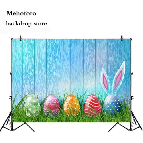 Mehofoto Blue Wood Floor Backdrop for Photography Easter Color Egg Background for Photo Booth Studio Green Grass Newborn Photo