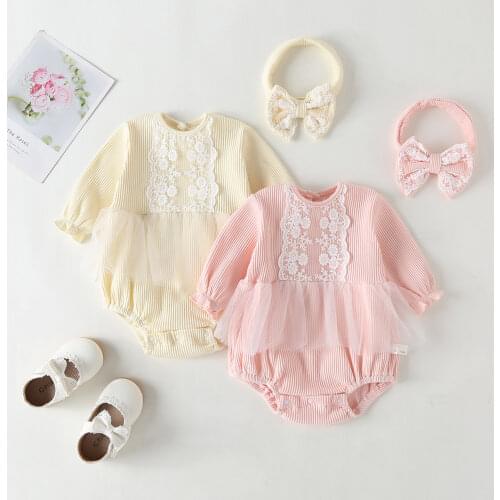 Ruffles Lace Newborn Baby Girl Clothes Princess Long Sleeve Jumpsuit Spring Infant Girls Bodysuit+ Headband