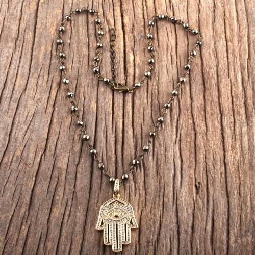 Fashion Bohemian Jewelry 4mm Hematite Links Chain Micro Zircon Pave Hamsa Hand Pendant Necklaces Women Boho Choker Necklace Gift
