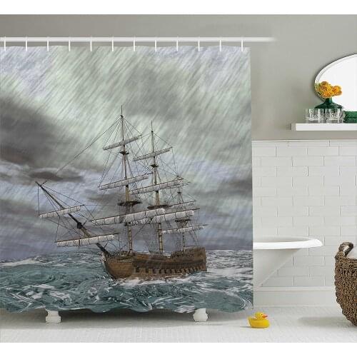 Nautical Shower Curtain Old Ship on The Ocean in Wave Rainy Stormy Weather Fantasy Illustration Bath Curtains for Bathroom Decor