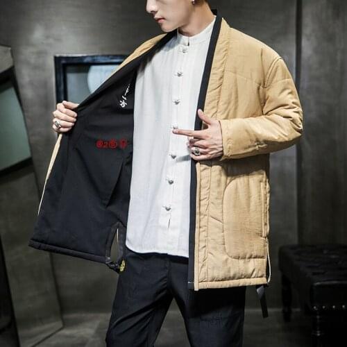Winter Hanfu Kimono Parka Men Chinese Style Outerwear Wearable Both Sides Parkas Thick Warm Coat Vintage Cotton-Padded Jacket