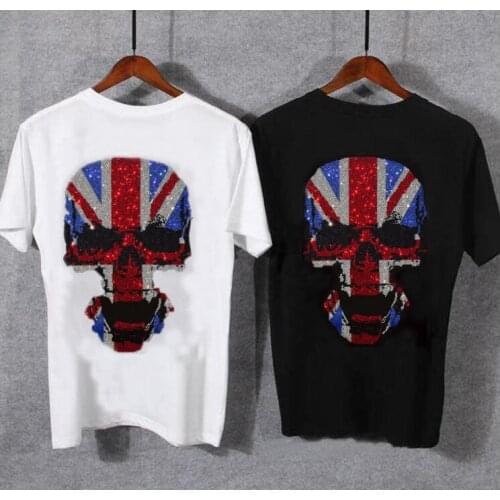 Men short Sleeve Rhinestone Skull t Shirts Slim Fit Solid Business Formal t-Shirts for summer Hot drill design