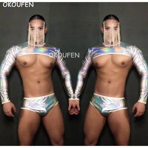 Bar Nightclub Men Sexy Personality ds Silver Technology Future Theme Costumes Suit Party Stage Show dance clothing set