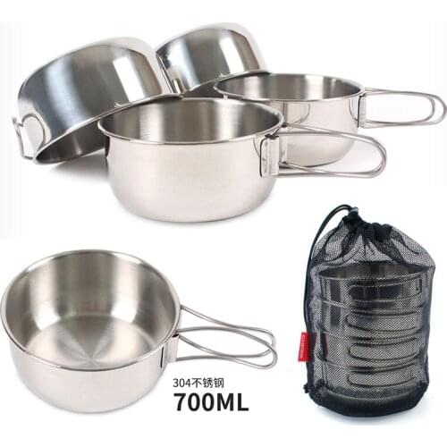 Outdoor Folding Set Of Bowls 304 Stainless Steel Hiking Camping 700ml Large 4 Sets Cups Bowl Combination Cutlery