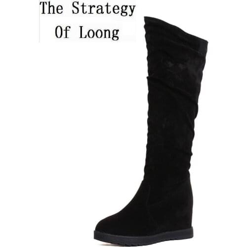 New Women Spring Autumn Flock Vamp Knee-High Slip-On Low Wedges Increasing High Heels Non-slip Rubber Sole Boots 20181013