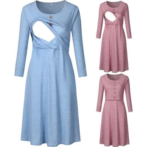 Autumn Winter New Round Neck Long-Sleeved Maternity Dress Button Decoration O-Collar Receiving Waist Nursing Pregnancy Casual
