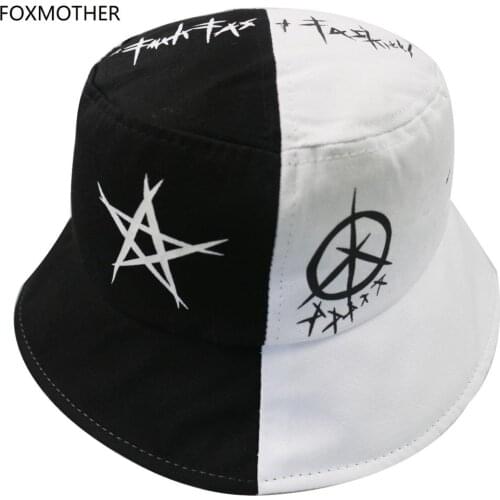 FOXMOTHER New Summer Mens Gorros Black White Color Star Eye Graffiti Fisherman Hat Men Bucket Hats Hip Hop