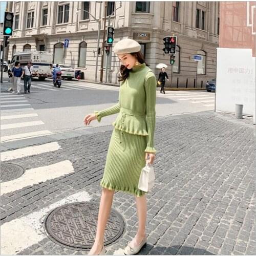 Women Sweater Dress O Neck High Elasticity Knitted Dresses spring Autumn Winter Slim Bodycon Dress Vestidos 2 piece suit Z326