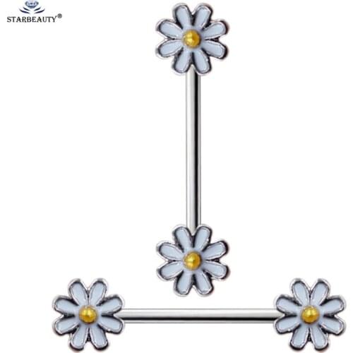 Starbeauty 2pcs/lot White Daisy Nipple Rings Helix Earring Yellow Pearl Flower 14G Nipple Piercing Stainless Steel Body Jewelry