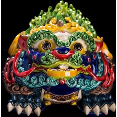 CHINESE STYLE COLORS LION ART SCULPTURE CERAMIC LUCKY JIN CHAN FIGURINES ANIMALS STATUE FENG SHUI HOME DECORATION R4194