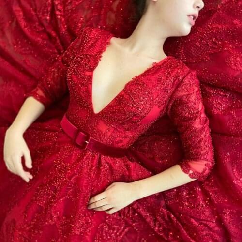 UZN Elegant Dark Red V-Neck A-line Lace Long Prom Dress Gorgeous Sparkling Beading Evening Dress New Arrival Plus Size Party