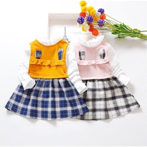 2021 spring kids cute dress cartoon patchwork long sleeve dresses for kids plaid childrens princess clothes
