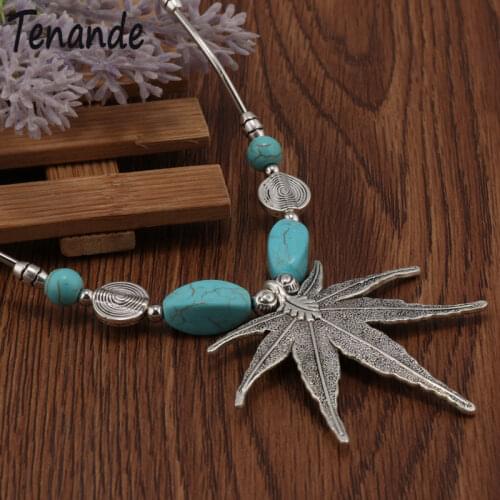 Tenande Vintage Bohemian Natural Stone Beads Big Statement Maple Leaf Necklaces & Pendants for Women Jewelry Accessories