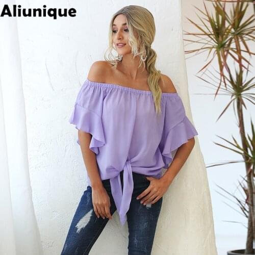 Aliunique New Slash Neck Loose Chiffon Shirt For Women 2021 Summer Leisure Vacation Travel Temperament Blouse Lotus Sleeve Shirt