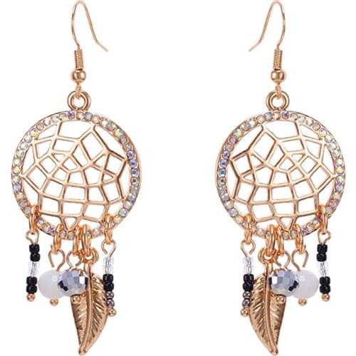 Vintage Golden Dream Catcher Feather Long Dangle Drop Earrings Hanging for Women Female Fashion Anniversary Jewelry Accessories