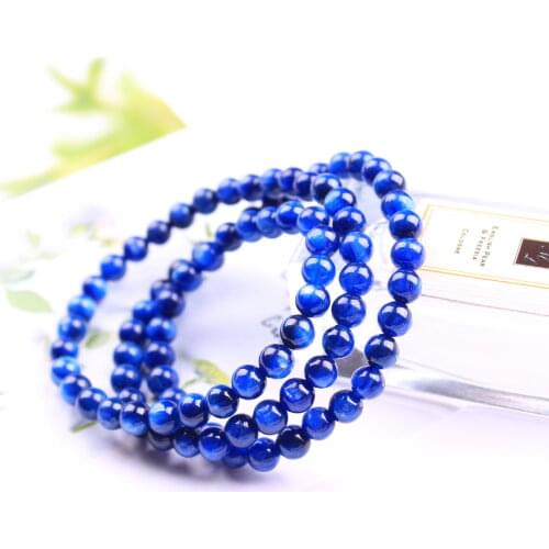 Genuine Natural Blue Kyanite Gemstone Round Bead Stretch 3 Laps Bracelet 6mm For Women Men Cat Eye Necklace AAAAAA