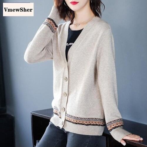 VmewSher Women Patchwork V-neck Sweater Cardigans Spring Autumn Fashion Casual Loose Sweater Vintage Soft Buttons Sweater Coat