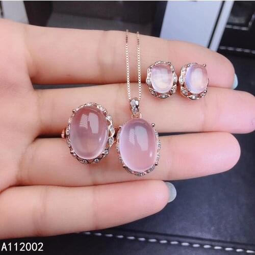 KJJEAXCMY fine jewelry natural Rose Quartz 925 sterling silver women gemstone pendant ring earrings set support test beautiful