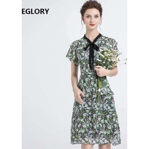 2020 Summer Fashion Chiffon Dress High Quality Women Elegant Little Floral Print Short Sleeve Slim Fit A-Line Green Blue Dress