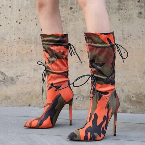 2020 Winter Soft Upper Thin Heel Camouflage Womens Knee-high Pointed Toe Slip-on Boots Solid High Booties Large Size 46 Boots