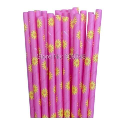 100pcs Mixed Colors Yellow Daisy Printed Hot Pink Paper Straws, Cheap Cute Flower Party Supplies Paper Drinking Straws