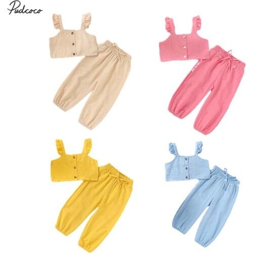 2020 Summer 1-6Y Toddler Baby Girl Clothes Ruffle Sleeveless Crop Top Vest T-shirt Long Pants Solid 2Pcs Children Outfits Set