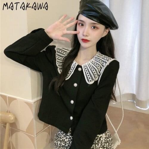 Matakawa White Blouses Autumn Elegant French Vintage Peter Pan Collar Lace Woman Shirt Tops Korean Puff Sleeve Straight Blusas