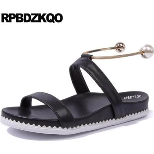 Black Flat Casual Designer Sandals Women Luxury 2017 Summer Slip On Embellished Pearl Soft Slippers Slides Shoes Open Toe Metal