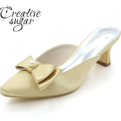 Creativesugar lady Mules hoof heel satin evening dress shoes with pearl bow sweet pointed toe pumps Champagne ivory purple red