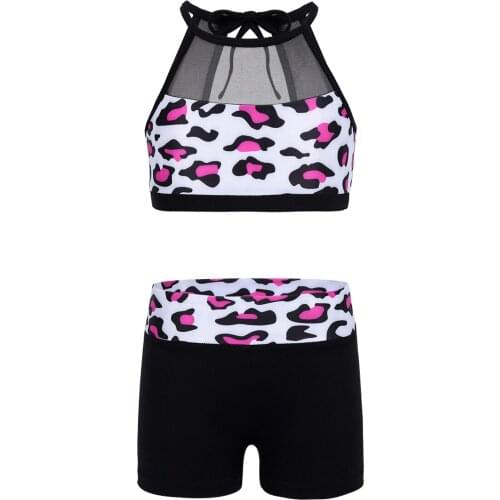 Kids Dancewear Sleeveless Mesh Splice Leopard Tankini Set Girls Ballet Crop Top with Gymnastics Shorts Set Dancing Sports Suits