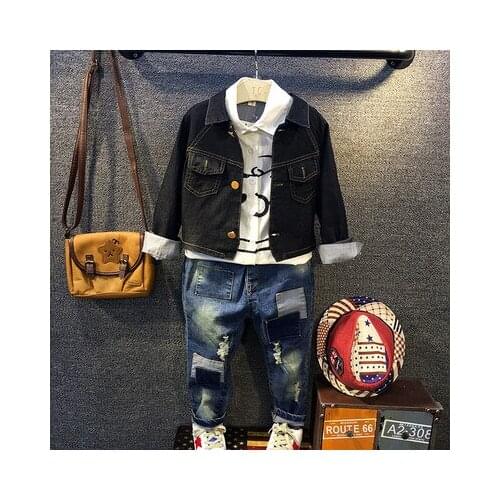 Hot The Childs Autumn winter Boys Suit New Kids Clothes Sports Sets Sailing long Sleeved Denim jacket + shirt + jeans 2-6Ages