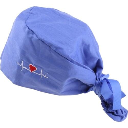 Women Long Hair Working Cap with Buttons Sweatband Electrocardiogram Heart Print Ponytail Holder Tie Back Bouffant Hat