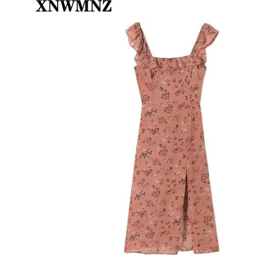 XNWMNZ Elegant midi dress women backless vintage elastic floral print summer autumn ruffles party split dress femme vestidos