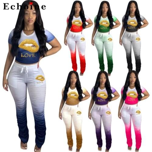 Womens Gradient Pleated Two Piece Set Fashion Casual Crop Tops Suit Lace Up Elastic Long Pencil Pants Active Jogger Tracksuits