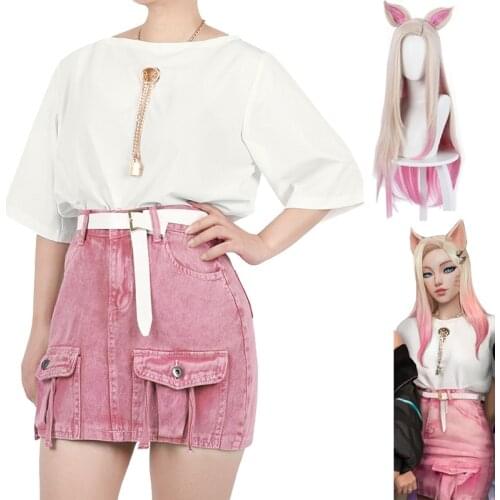 Game LOL KDA Ahri Cosplay Costumes Uniform Top Pants Accessories Suits Wig High Temperature Resistance Hair Halloween Carnival