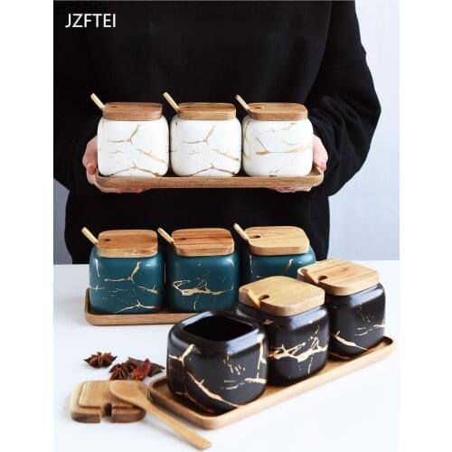Nordic Style Marble Set Kitchen Accessories With Creative Marble Pattern Wood Roofing Set For Kitchen Seasoning Food Container