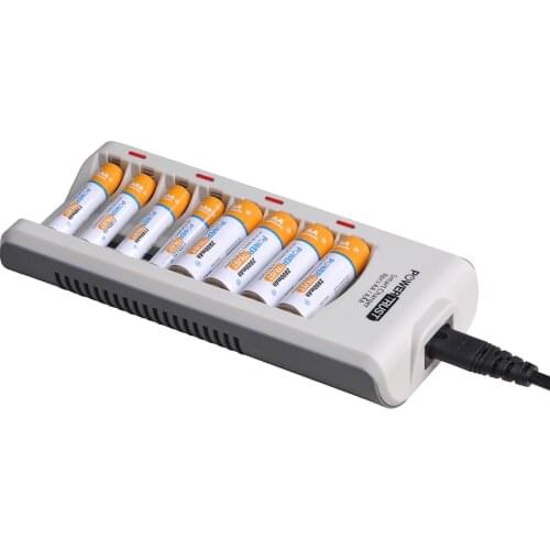 PowerTrust AA AAA Ni-MH Ni-Cd Rechargeable Battery and 8 Slots Quick Charger with LED Display for aa aaa Batteries