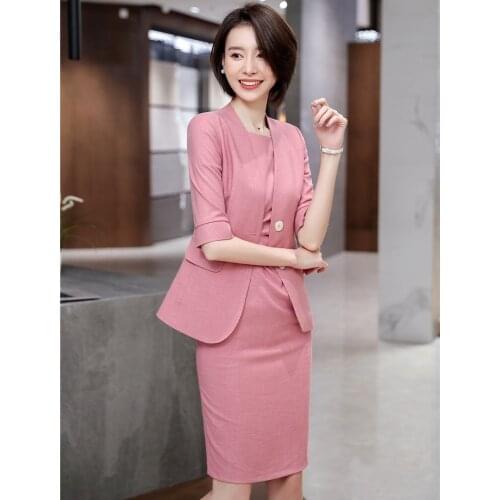 Novelty Pink 2019 Spring Summer Half Sleeve Business Suits With Dress and Jackets Coat For Ladies Office Work Wear Blazers Sets