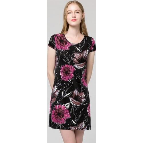 Autumn new silk printed short sleeve nightdress women large size petticoat mulberry silk medium long bottomed petticoat 9049