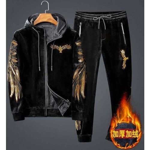 New style plus velvet thick cardigan with hood gold velvet embroidery explosive casual sports suit male large size