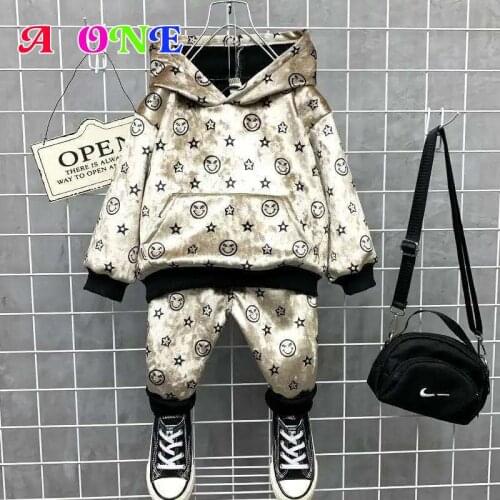 Boys set kids Sweater +pants 2 pcs set kids suit for children baby Autumn Spring ins velvet soft printing hooded Shiny 2-10 yrs