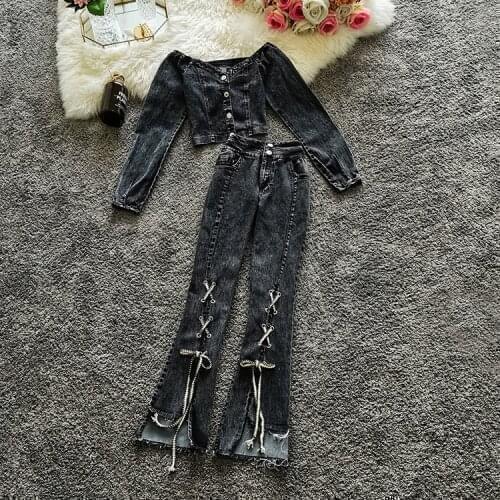Autumn New Slash Neck Long Sleeve Short Design Denim Top and High Waist Irregular Flare Pants One Set