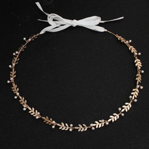 Bridal Wedding Hair Accessories Simple Metal Leaf Headband Pearl Headdress